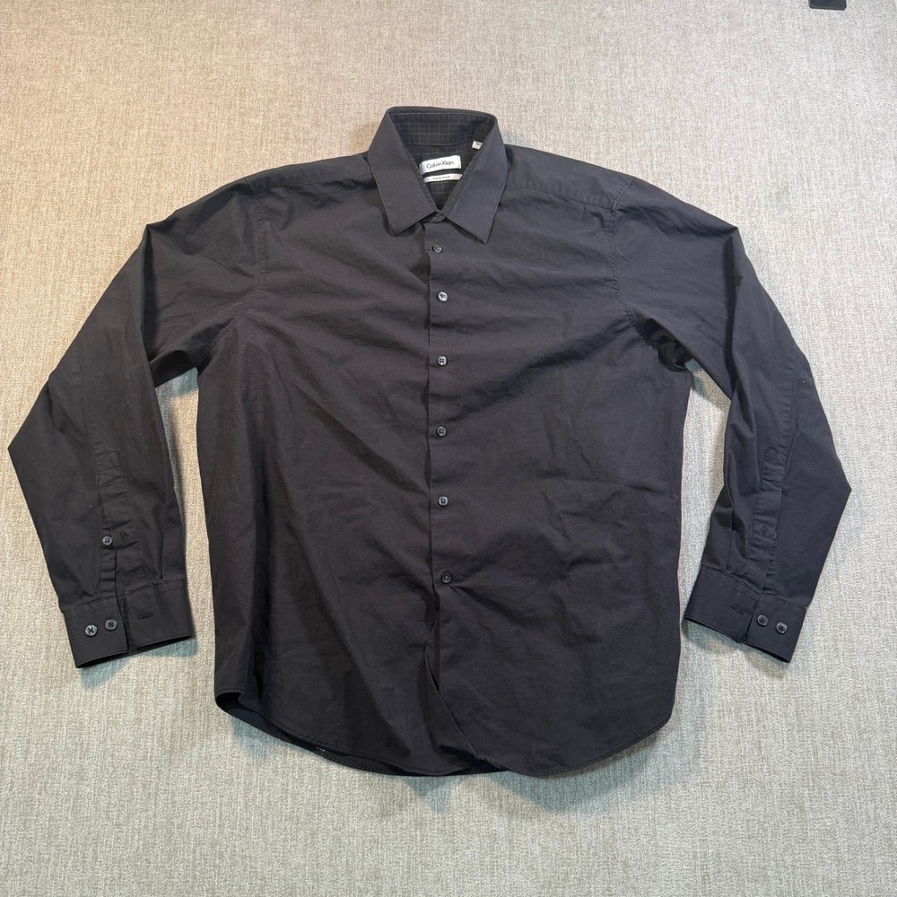 Calvin Klein Mens Slim Fit Stretch Dress Shirt Black Micro Grid 16.5 34/35